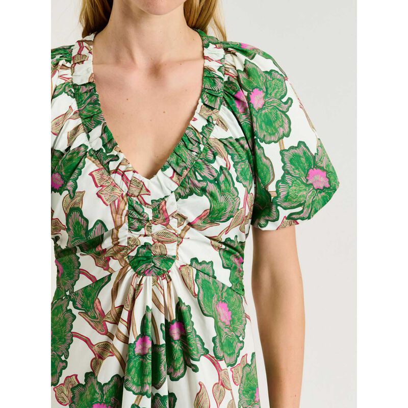 Veronika Maine Ivory Batik Bloom Gathered V Neck Dress image number 2